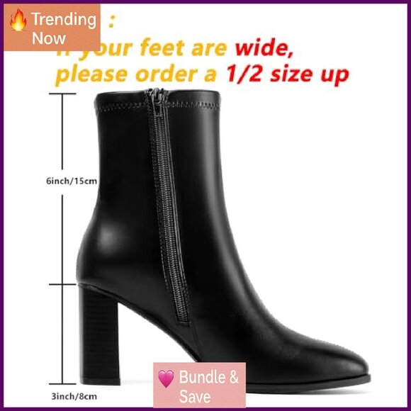 Chunky Block Heel Ankle Boots Square Toe Side Zipper Women's Booties - Picture 3 of 8